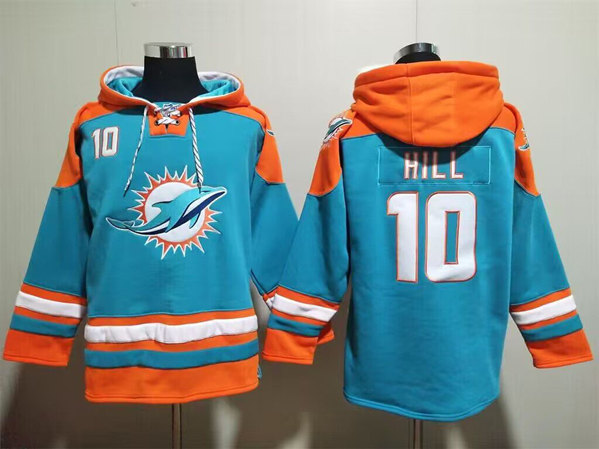 Men's Miami Dolphins #10 Tyreek Hill Aqua Lace-Up Pullover Hoodie